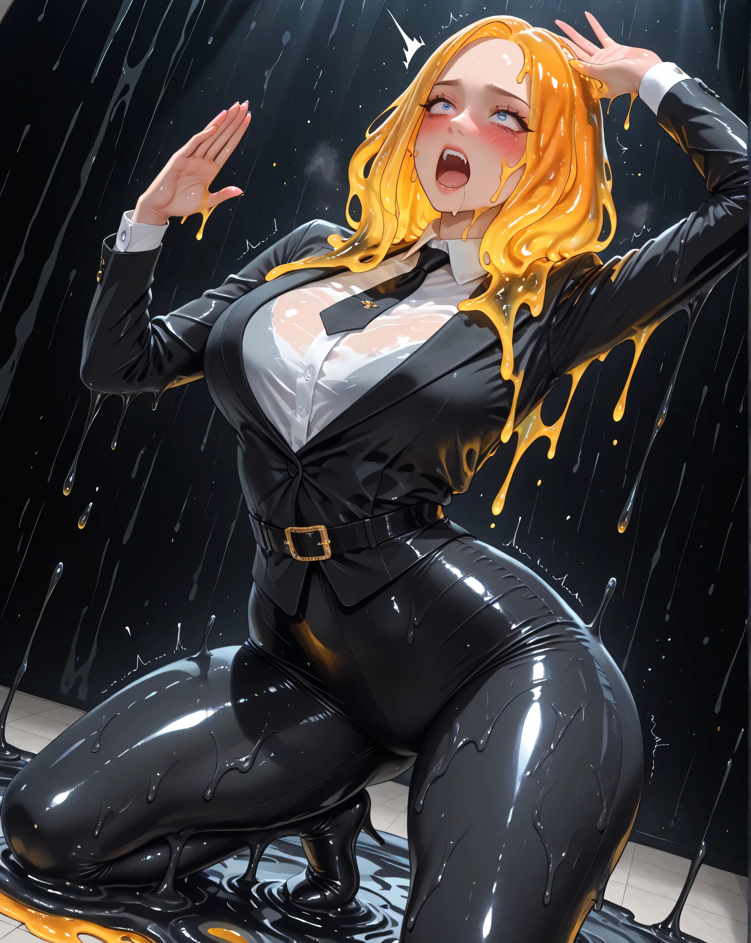 (yoga pose, dynamic pose, wide hips, classy outfit, sexy, blushing heavily, screaming, transforming into a slimegirl, slimegirl transformation:1.0, translucent:1.0), melt, melting, fully melted:1.0, slimification, transformation, melt into a puddle:1.0, ultra high detail, slimegirl hair, melting hair, interesting background, great angle, dynamic lighting