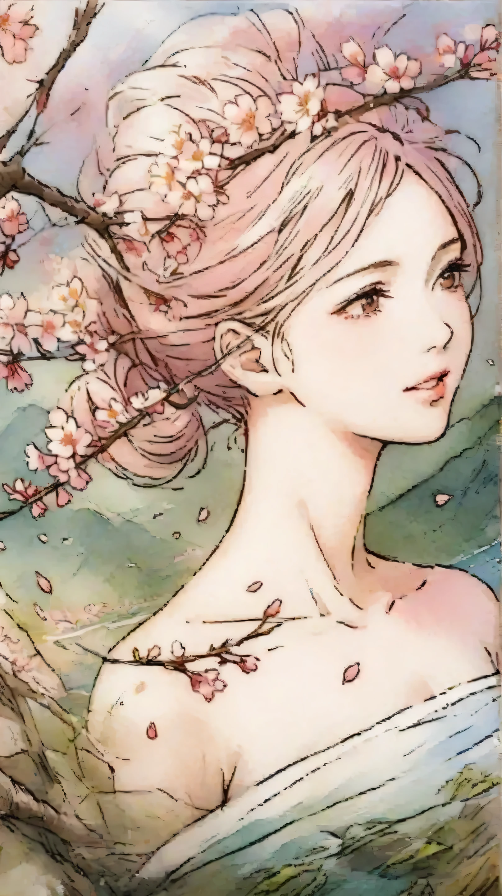 Hand drawn Japanese fantasy world、 watercolor smudge 、thick contour 、every day、picture book page 1、hand drawn, watercolor smudge s, every day, fantasy scene, ultra detailed, complicated, bright colors, Fantastic, story book , dreamlike, Mysterious, cinematic lighting, soft focus, masterpiece, 8k, high resolution, bright colors, photorealistic、Goddess of Cherry Blossoms ,exquisite portrait of a woman surrounded by cherry blossom branches,Wrapped Pink Petals,Classy Hairstyle,delicate expression,Wrapped,Surrounded by natural light , beautiful landscape painting ,best quality,Rendering,high resolution,Bokeh,fine details,bright color