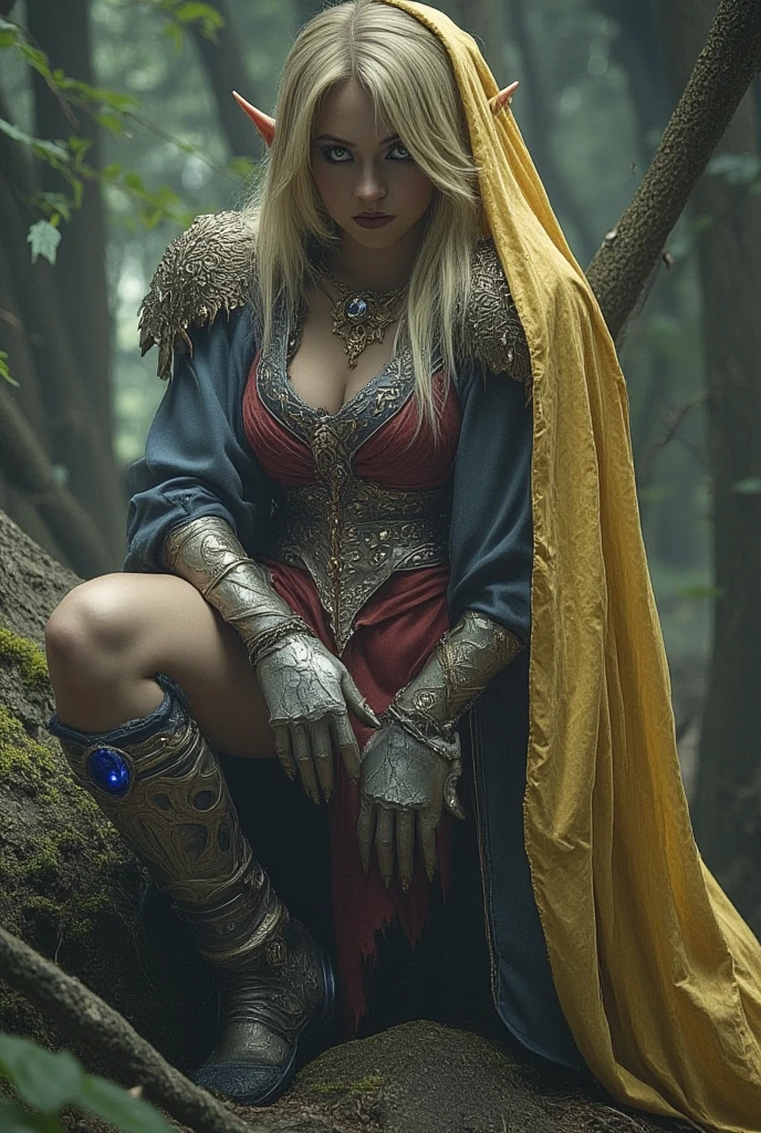 1female elf,long golden hair with two braids,olhos azuis, thin lips, rosto redondo,seios grandes com decote,wide hips wearing short red medieval tunic,gloves on hands and brown buccaneer boots,segurando uma espada rapieira fina e afiada,Female elf standing looking at viewer, redwood forest scenery(big trees in the background)
