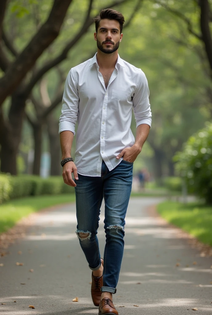 High Quality, 8K ultra HD, a young urban style man walking in a park that highlights his 7mm thick Cuban-style stainless steel bracelet, Standing out is his urban outfit 