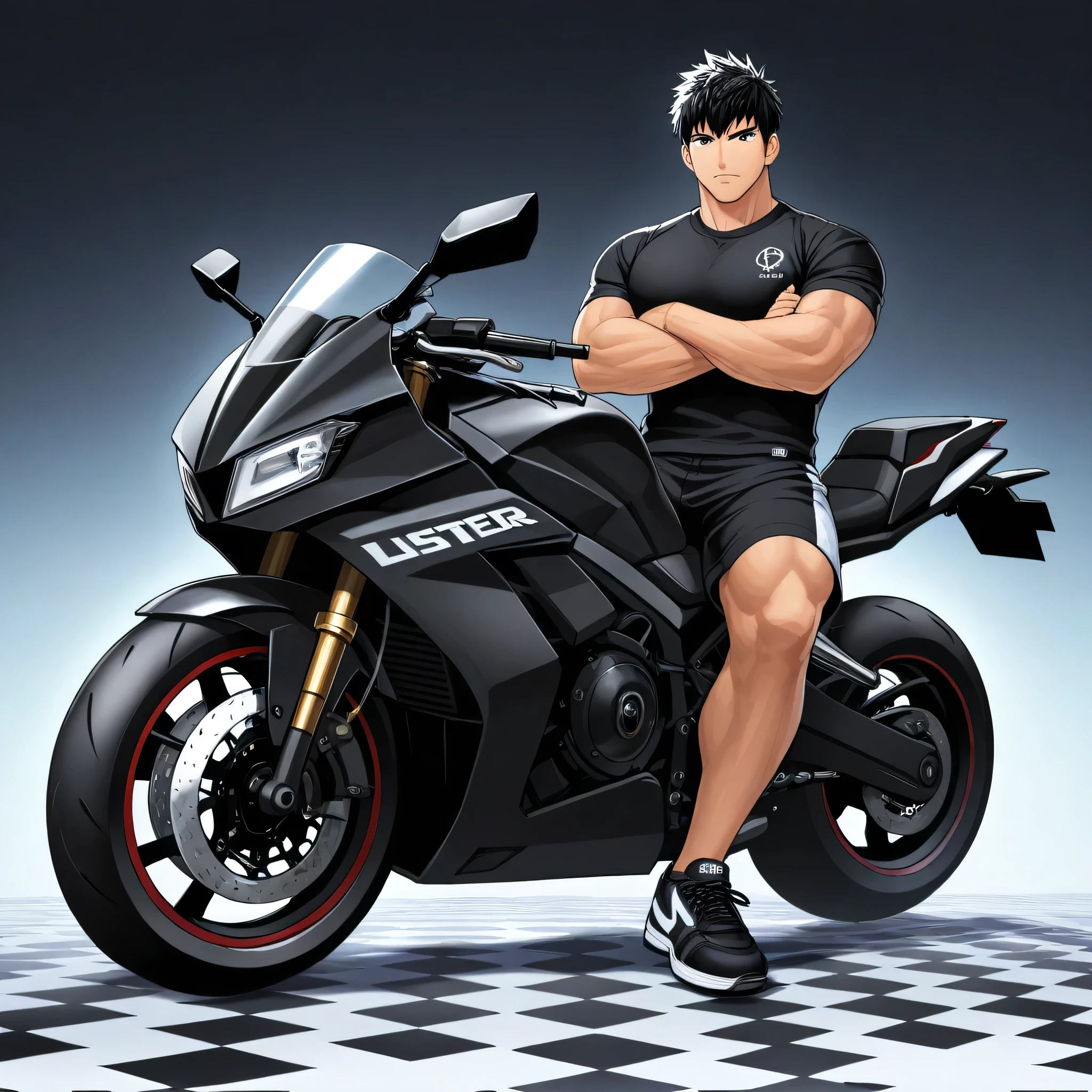 Muscular man black jersey black sneakers black shorts with crossed arms sitting with black Twister motorcycle in front