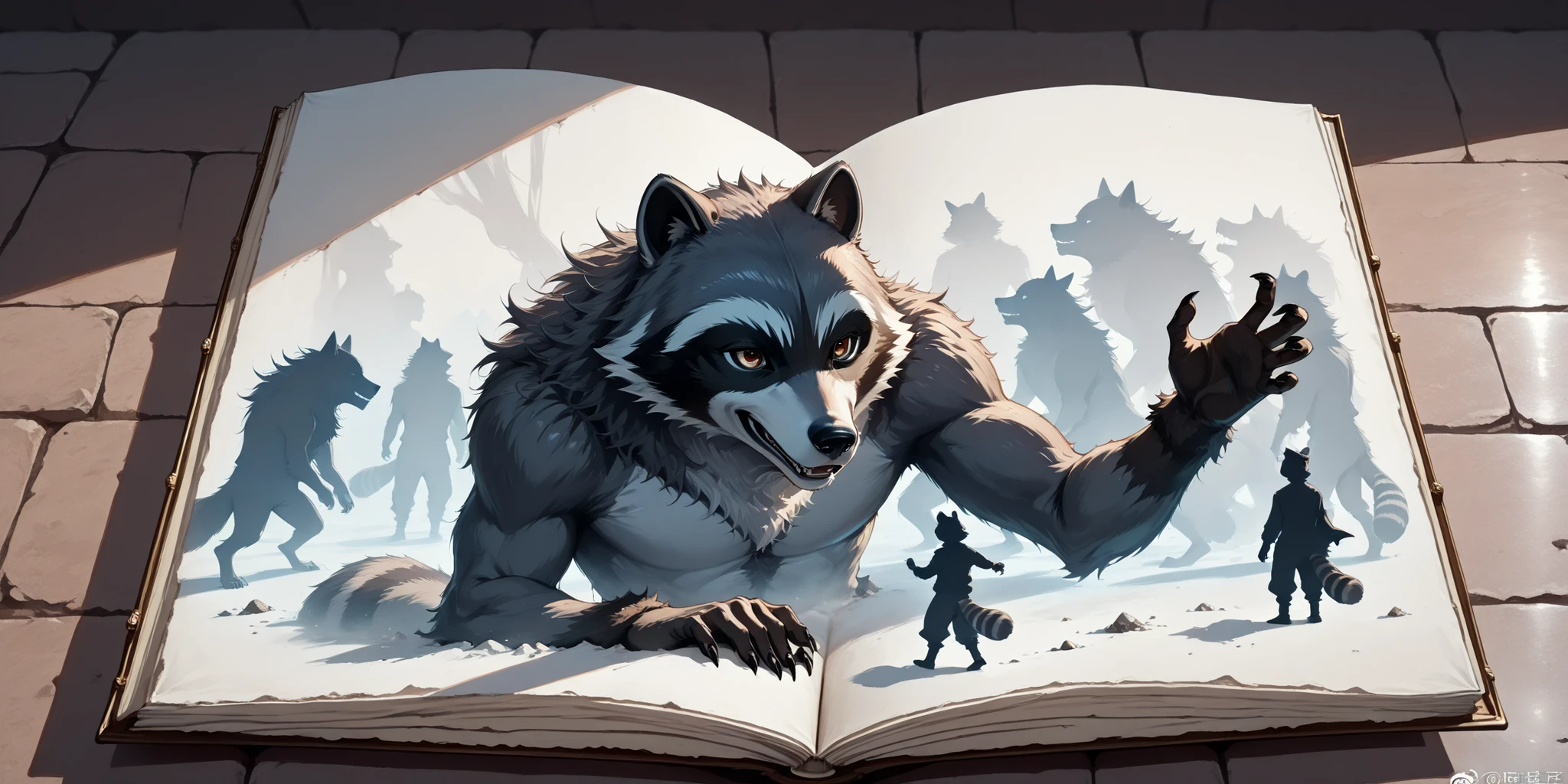 Break,(out-frame of a picture book:1.2),break,(watercolor, pastel, hand-drawn dream world, thick outlines),(1boy and 1animal,1boy is werewolf ,1animal is the animal form raccoon ) ,(left side page werewolf,right side page is the raccoon),adventure in wonderland,wrnchexpwhimsicalvisions, silhouette, double exposure,