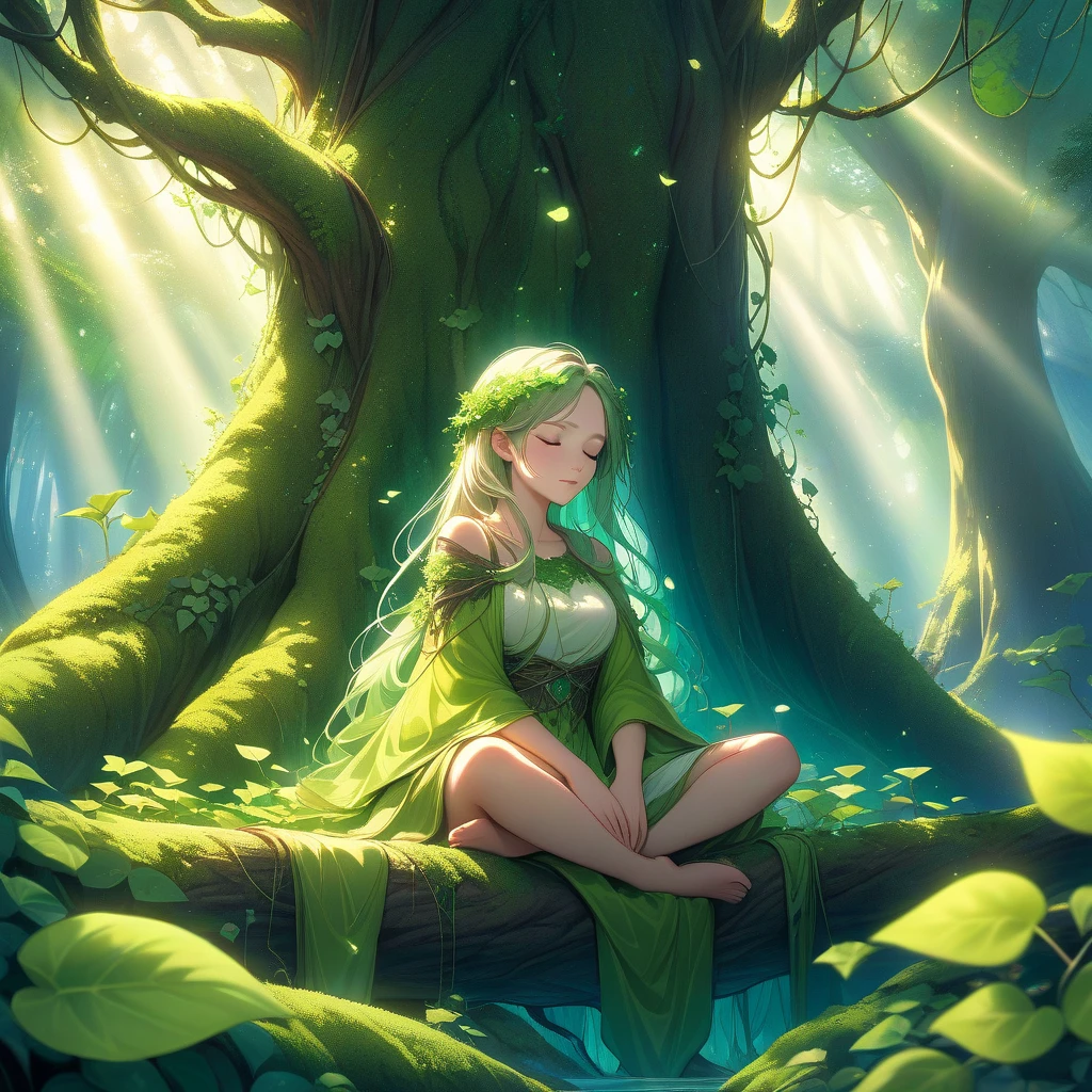 masterpiece, top-quality, 1 dryad、Slim body、small tits、exceptionally detailed anatomy, Leaf clothes、Leaves of the head,,,,,,、ssmile、lovely, emotive, Charming, Bewitching、Giant trees、Branch corridor、World Tree、Fantastical、Slim body、small tits、(((detailed and beautiful faces)))、beautidful eyes、17 age、Tree Spirit、In the deep forest、Nymphs、myth 、PsyAI、Dynamic angles