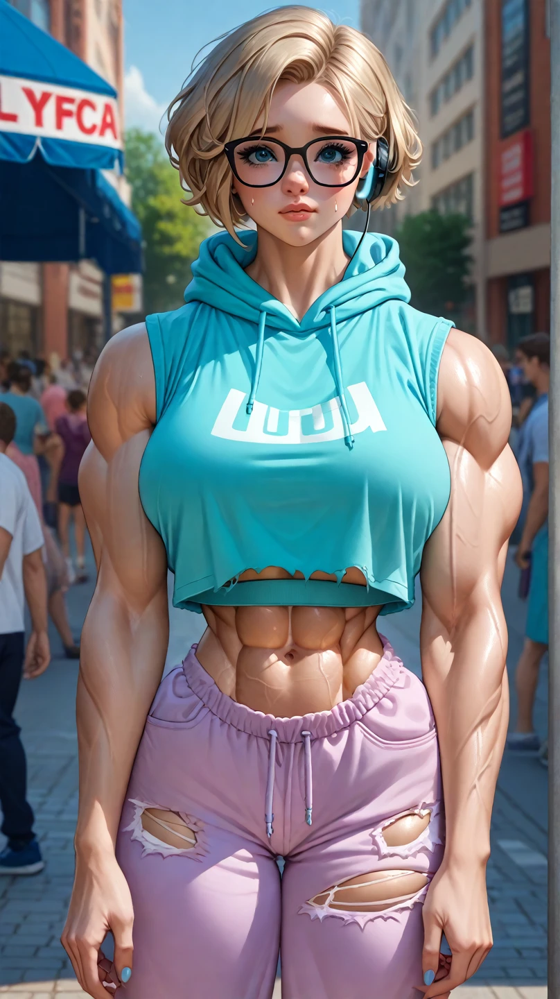 (Masterpiece, ultra detailed: 2), (best quality: 2), (beautiful woman: 2), (perfect body: 2), (NSFW: 2), (heaving breasts, attractive body: 1.8), 8K, full body, extreme hourglass figure, solo woman, very large breasts, droopy breasts, beautiful very tall bodybuilder woman with little clothes in sexy pose in an open field, long legs, violet hair, glowing green eyes, thin braids, perfect face, double eyelids, full breasts, muscle veins, dripping clitoris, flexing muscles, very swollen pectorals, no pants, slight smirk, 30 year old woman face, defined abdominal muscles, neutral face expression, full breasts