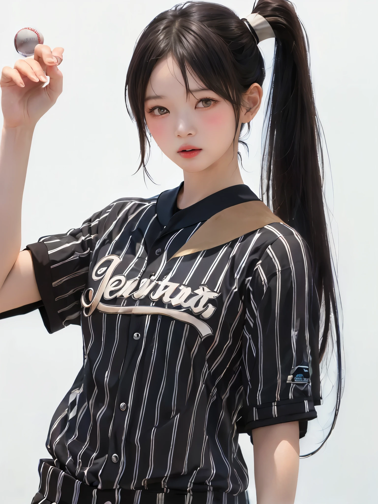 (best quality、8k、32K、masterpiece)、(realistic)、(realistic:1.2)、(high resolution)、very beautiful face and eyes、There is only one woman、thin waist、delicate body、(close、best quality、Attention to Details、rich skin details)、(best quality、8k、Oil paint:1.2)、(realistic、realistic:1.37)、bright color、(((brown hair)))、(((cowboy shot)))、((( medium hair)))、(((white wall background)))、(((side ponytail hair)))、(((brown hair)))、(((baseball uniform)))、(((黒とピンクのbaseball uniform)))、(((Frame In)))、(((bewitching expression)))