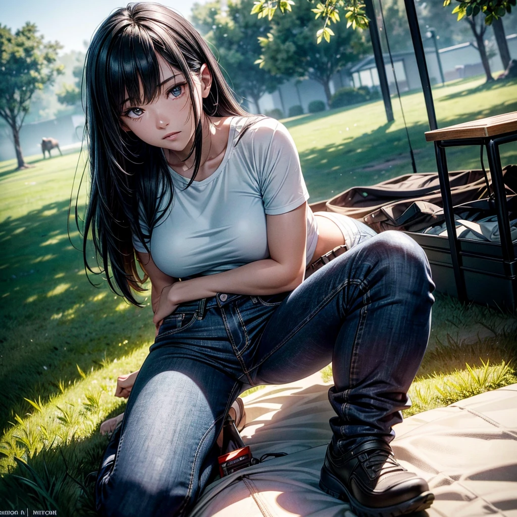 masterpiece, Highest quality, 3dレンダリング作業, 3dMMスタイル, close, Portraiture, 3d, 1 girl, 1 girl, alone, Beautiful soldier. On all fours, With your back to the viewer. On the battlefield. Tired. Very dirty body, Dirty with dust. Women's Shorts, In torn clothes, Remnants of clothing. Sweat, Sweatばんだ体, Sweatの滴る長い髪, Pubic hair is visible, Dirty soles, Black fur largo, Coastal, Black fur, Realist, Tifa Lockhart.Small breasts.
