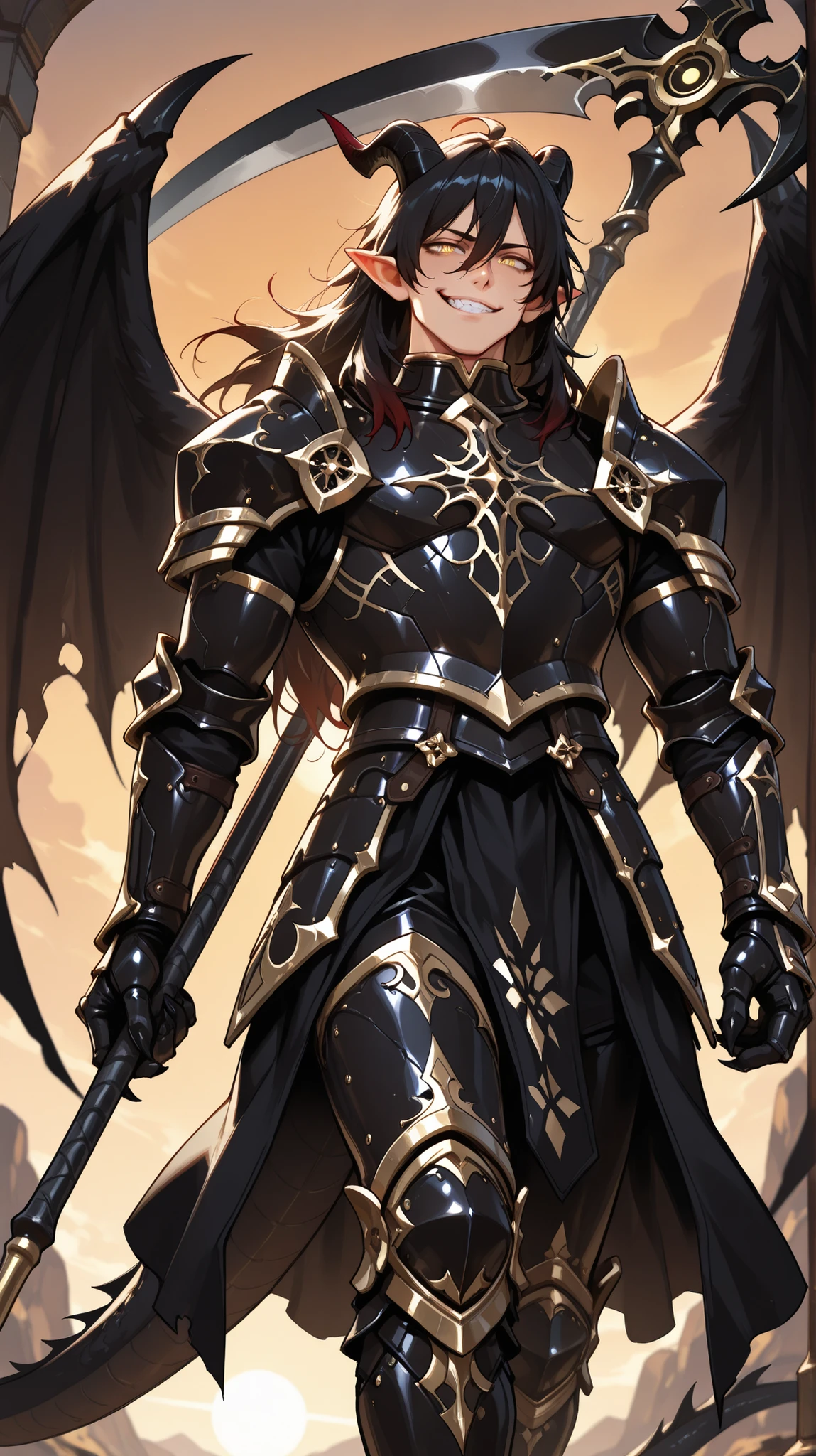 (masterpiece, best quality: 1. 2), highres, 8K, CG, (((Anime))), (1 male), lean body, ((masculine)), (walking), sunset, weredragon, japanese anime style, glossy black, shiny black leather, ((beautiful golden eyes, finely detailed eyes, bright eyes, vertical iris)), hair between eyes, long hair, sideburns, wild hair, (sly grin, smirk, evil smile), teeth, confident, black hair, (ultra detailed face), shiny skin, long pointy ears, twisted torso, long-legged, sculpted face, wasp waist, dragon’s horn, dragon’s tail, dragon’s wings, dragon’s sharp claws, ((black armor with a lot of grandiose decorations)), half dragon half human, dramatic angle, dynamic posture, (((holding a black scythe))), ultra detailed black armor, black armor with gold accent, all black outfit, whole body, emphasize face, focused expression, sharp focus, oblique angle, good-looking man, well-polished black armor, charismatic pose, (best illustration), cinematic, super detailed, dramatic lighting, (intricate detail, super detail, extreme detailed), reflection, pearly luster, ((highly detailed artwork)), dramatic shadows, tenebrism, chiaroscuro, wonderful pose, chiseled features, stark contrast, heavy shadows, detailed black decorations, beautiful and aesthetic, photoreal, from below, (mysteriously crafted black metal armor: 1. 3), sparkling accessories, thick and luxuriant hair, ultra detailed fantasy black armor, he dressed in black, broad shoulder, sharp eyes, true-to-life visuals, artistically refined, dramatic contrasts, ((extremely delicate and beautiful armor, elaborate armor details)), dark armor, toned male, exquisite goldwork, wonderful black armor, armor with intricate engravings, armor-type boots, ((detailed shoulder armor with intricate engravings, gold accent black armor)), (128K Ultra High Resolution), very gorgeous and dazzling, dark fantasy black knight, slim waistlines, wide chested, sinewy body, splendid scenery background, (((Hyper Detailed & Perfectly Designed Black Armor)))