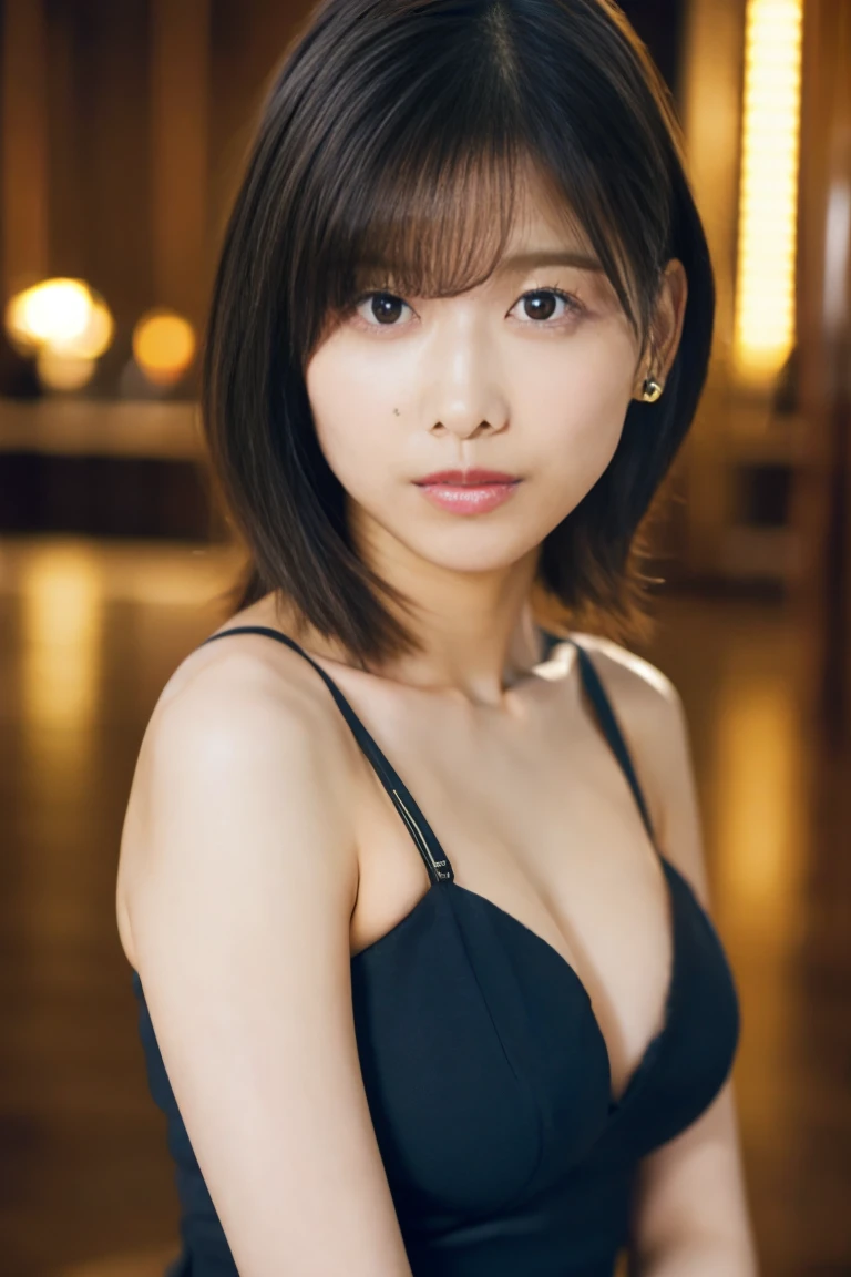 night bar, (naked and navy Neat silk dress, Thigh: 1.1), ((of the highest quality, 8K, masutepiece: 1.3, Raw photo)), Sharp Focus: 1.2, (1 AESPA Girl :1.1), (Solo: 1.18), (Realistic, Photorealistic: 1.37), (Face Focus: 1.1), Cute face, hyperdetailed face, Short messy hair, updo, (Small breasts, flat chest: 1.3), flower