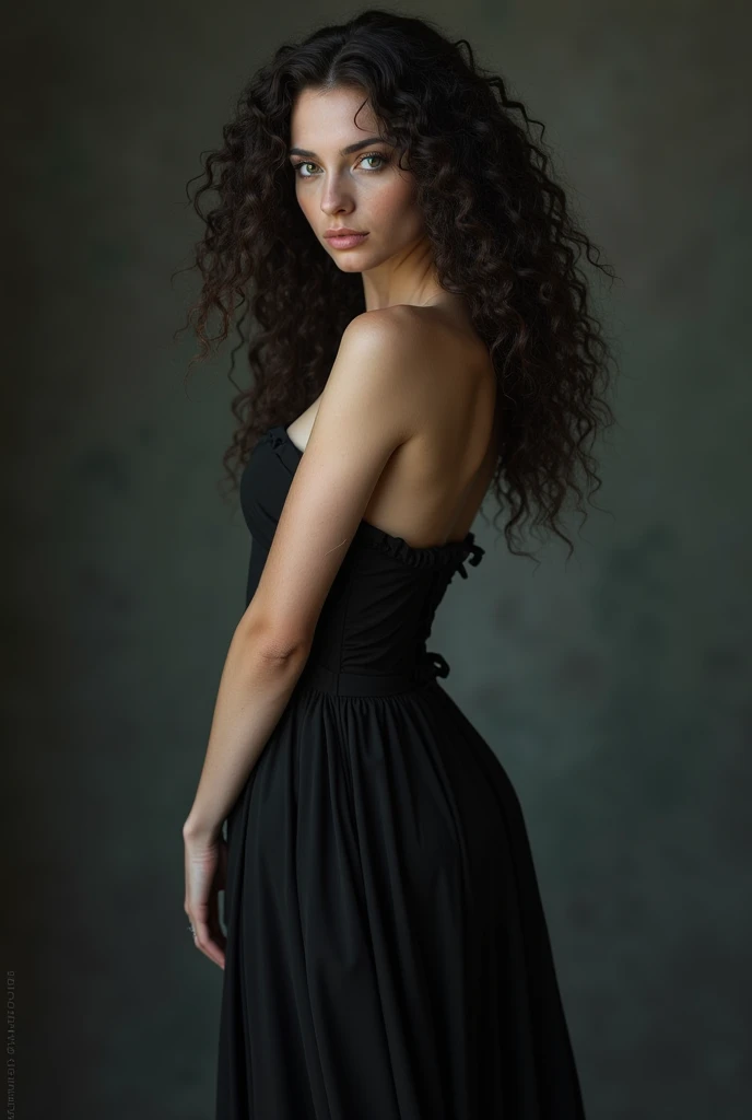Latina female vampire with voluminous curly hair wearing a long black dress with a high collar and sleeveless dark brown eyes with a slight dark circle underneath 