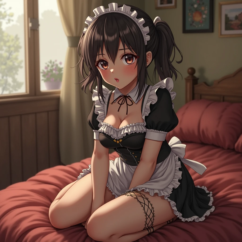 1girl,solo,yuuki mikan,, ,brown hair,, ,1girl,,,small breasts,,,(spoken heart),living room,,looking viewer,(((maid costume))),bare legs,nsfw