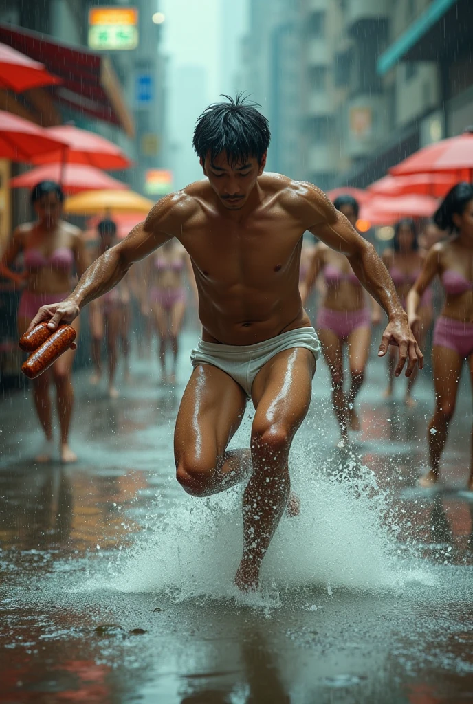 In the middle of the road in Thailand, during the rainy season, the rain falls and there are many men in the background. Everyone was wearing thin red underwear, wet with water, showing their muscles. like an underwear model Shirtless, lean figures aged 17-18 filled the sky. Clearly visible in front were 2-3 handsome Asian young men. Imaginary but realistic images