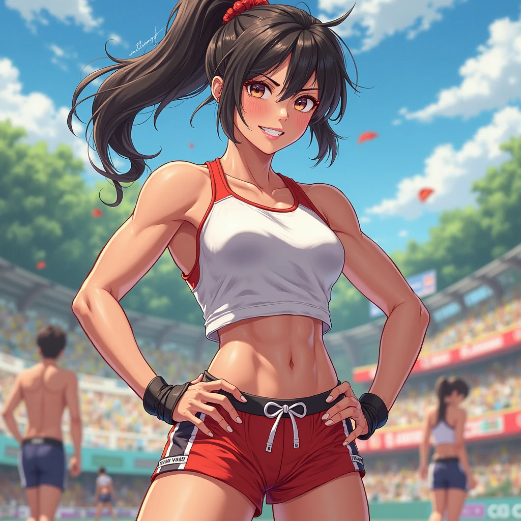 detailed anime painting, very muscular asian woman leg raised in kick multicolored dyed hair brown eyes huge muscles huge biceps wearing stretched crop top wearing mini-skirt standing on grass off of her smug evil grin water dripping off of her, backyard background