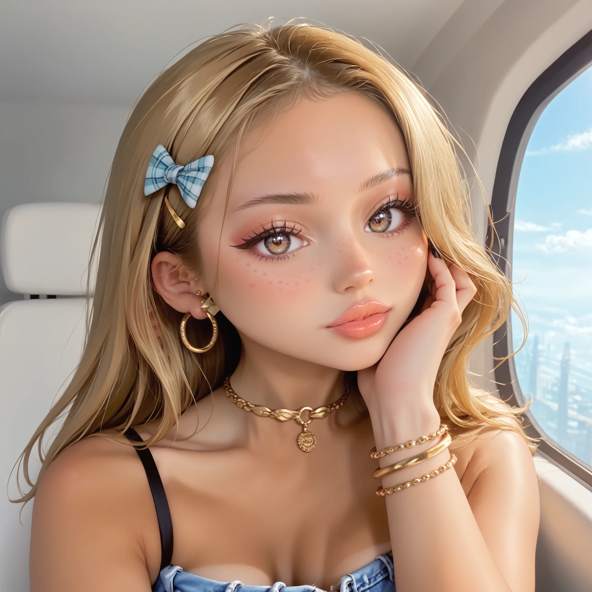 1girl, black nails, shiny lip gloss, cute freckles, heavy eyeliner, shiny lips, view from side, High Resolution, looking at viewer, Bangs, plaid Hair Bow, Masterpiece, High Resolution, Anatomically Correct, Detail, High Details, High Quality, Hoop Earrings, Hair Ribbon, Jewelry, Hair Clip, Backlighting, Bloom, Cinematic Lighting, God Rays, naked age girl-model 1, beautiful, tanned, blonde, bob hair, bangs, brown eyes, beautiful figure, beautiful long legs, slave bracelets, slave choker, manicure, cute makeup, flirtatiously posing, hot summer, hot flirty, sexy posing, summer outfit, top quality, higest quality, pin-up style, retro 80s style, Daisy Dukes style, Miami vibes,
