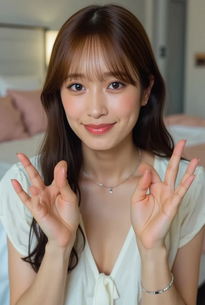 ((((upper body shot))))),(((((Nude))))),((((nipples)))),(((sagging breasts))),Ultra-high resolution,big eyes,Japanese,(forehead),(a girl),(1 girl),((17 years old)),((cute)),pretty,earring,((facing at viewer)),grin