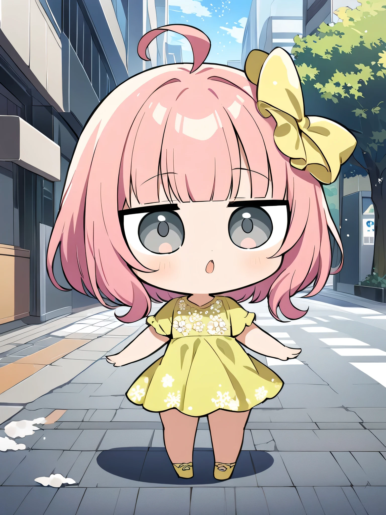chibi, Tokyo sidewalk, looking up at the sky, spring scene, ((chibi style)), ((fullbody)), Source Anime, (Masterpiece), (Best Quality), (Very Detailed), ((Cute)), (Amazing), (Detailed)), 4K, (8k), Highest Quality, (beautiful), perfect anatomy, ((perfect hands)), (perfect fingers)

ultra-definition depiction,
break

1girl, chibi style, cat costume, , short hair, quick bangs, round face, jitome, ahoge, pink hair, grey eyes, hair bow, cute eyes, jirai, natural make up, ((a spring dress )), yellow and yellow-green themed clothing with white lines))
BREAK

cityscape, ((A chibi-style girl is standing on a Tokyo sidewalk, looking up at the sky)), snowflakes falling gently
