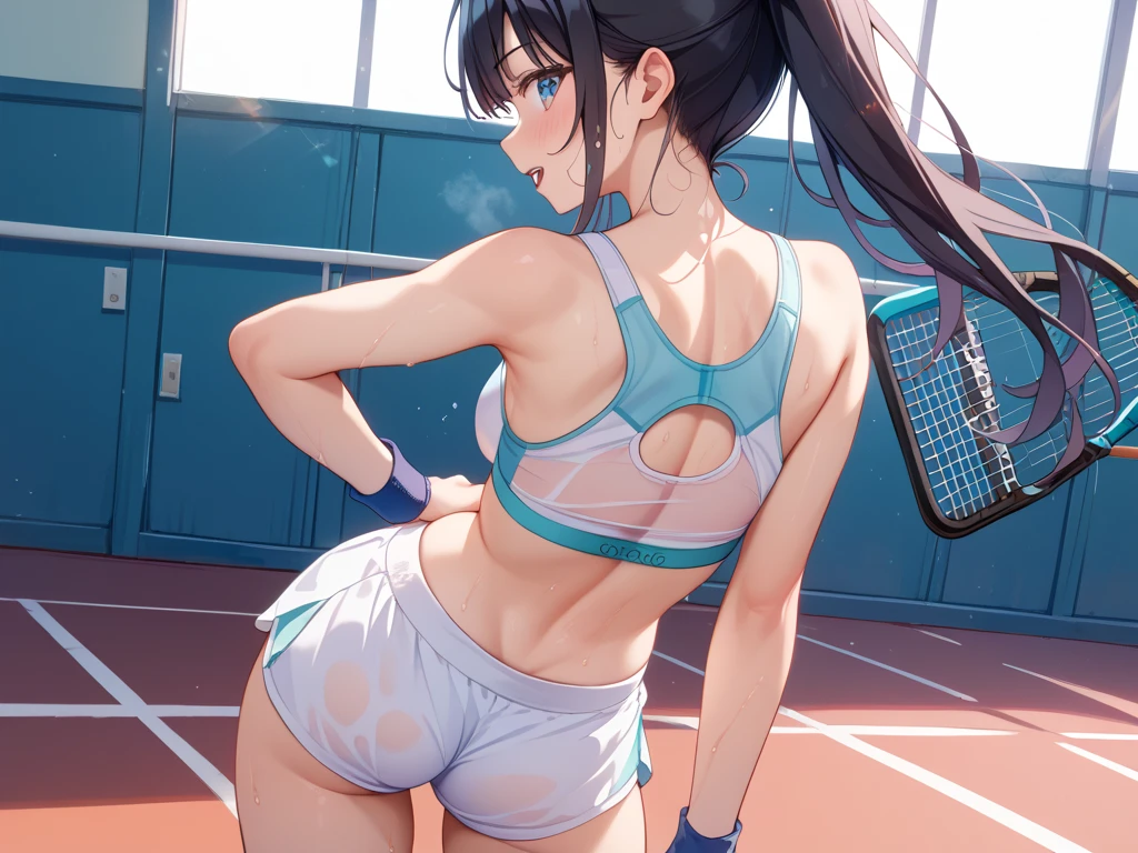 (software:1.5), (Tennis Wear、Skort)、Dark brown wavy long hair、Droopy eyes, Thick thighs, Such an ass, Liar, bed, Open crotch, Dettol, Spread your legs, Show your side, Down the Out、Tears are overflowing、Glasses、(Dynamic pose)、Untidy body、Dynamic Angles、Turning around、Big Ass