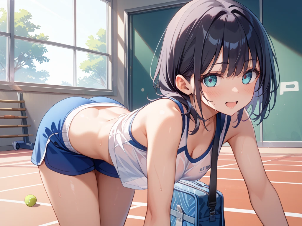 a matter of fact, daytime, sunlight, 1 girl, 8K resolution, blue hair, blue eyes, glowing eyes, white short skirt, Blush, tennis costume, sleeveless shirt, sunlight, Wet from the rain, seethrough, Sit with your knees raised., pussy, Spread your legs, smile, the skirt is lifted up, highest quality, High resolution, highly detailed face, perfect lighting, Very detailed CG, (perfect hands, perfect anatomy), mini yaemori, perfect figure, in love expression, bottomless, armpit, Thao Waist,