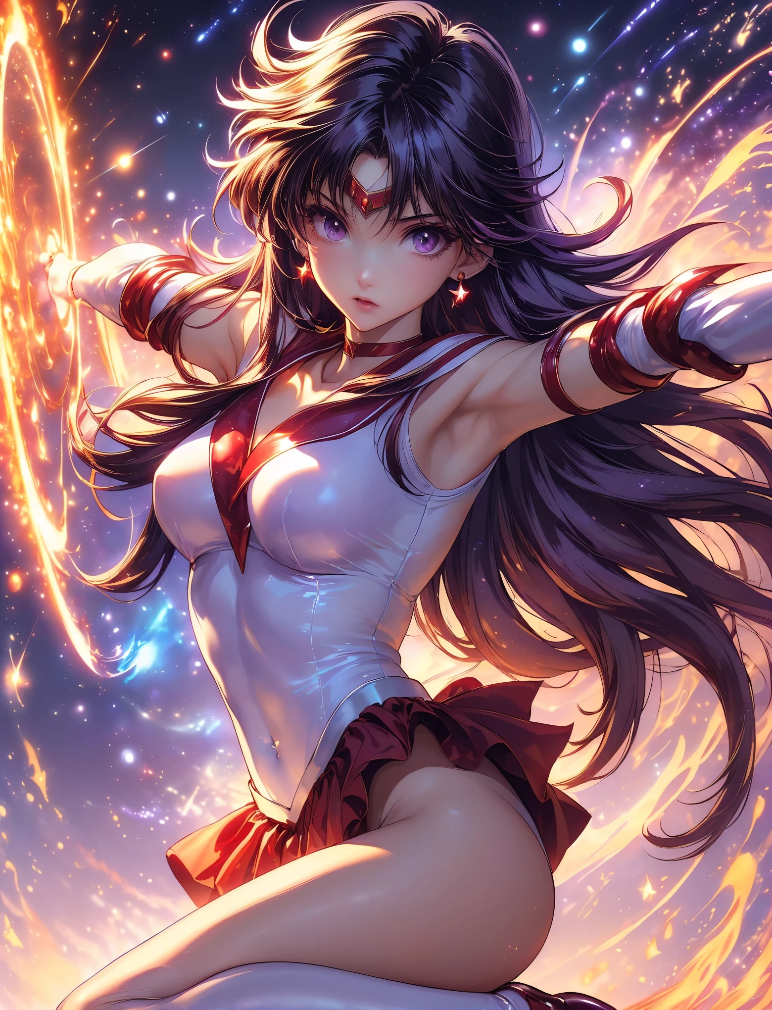 (alone:1 . 6 )(((SFW、Highest quality、 A first-class masterpiece 、 normal human body 、8k、 detailed face 、very accurate in the form of a plate、 real color 、5See also、Highest)))、Sailor Mars、Sailor Moon、((sailor warrior uniform:red sailor color , leotard sailor suit red sailor collar、),((Very large purple ribbon in the center of the chest,red boots, White patent leather gloves:1.6,enamel red miniskirt:1.6,1 very large purple ribbon on the back of the waist.1, Golden tiara on the forehead:1.2、 red star-shaped earrings 、red choker、LUXURY GOLD JEWELRY DECORATION)),Big Breasts、((, Tight Fit Shiny Enamel White Leotard:1.ailor warrior pose :1 . 4) .,(Spread Your Legs:1.1)(alone:1 . 6 )、(The Divinity:1 . 1、 flaming space background 、 Dynamic Frame 、moon明かりの光線、moon、Dynamic Backgrounds、 Detailed Background ))(top quality)) , (ultra high resolution) , (Super Detail)