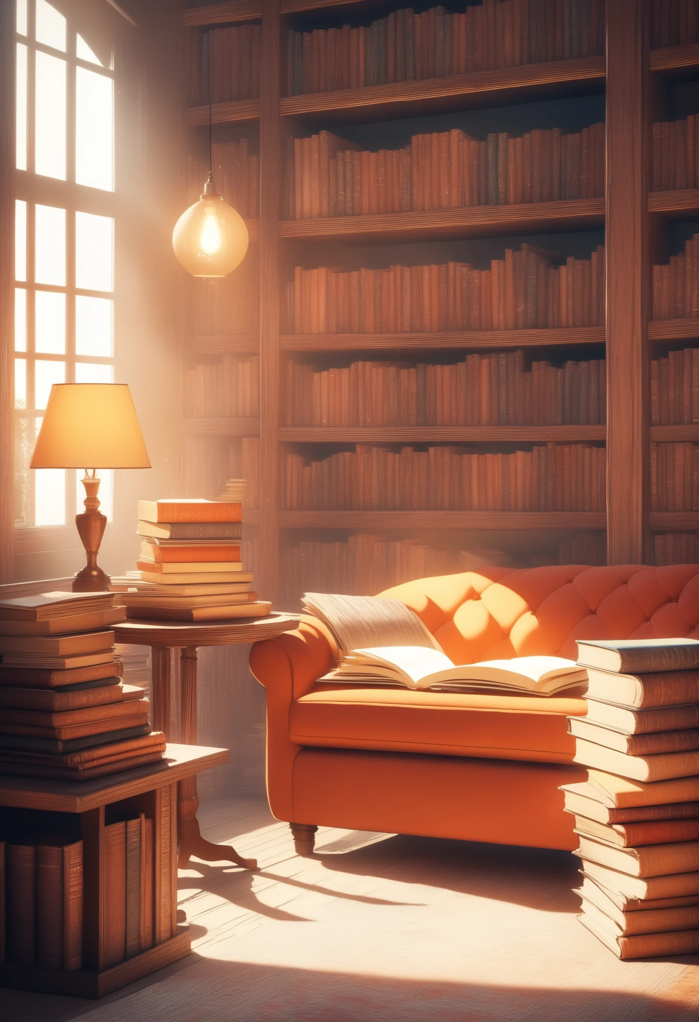The interior of the stylish used bookstore is warmly lit, with wooden bookshelves lining the walls and filled with colorful old books. Calm reading space with red sofa and antique wooden table, soft light from warm lamps, retro atmosphere, cozy and quiet reading space, 8K high resolution, cinematic lighting, nostalgic colors