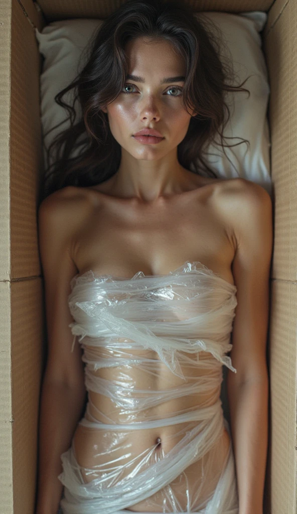 Imagine a beautiful young adult European woman with brown hair, Beautiful and realistic face, that they are dressed in a hot mini maid outfit with a low neckline, to show his feet, In heels, asleep , that is covered in plastic, with a gift bow on her head, sitting inside a cardboard box with polystyrene, realistic feet, Whole body, opening your legs, showing her underwear 