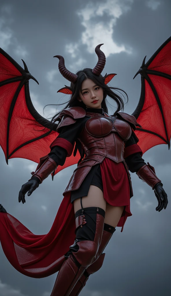 Very beautiful japanese Lady Dragon with wings and horns in black leather outfit with red belt and red ribbons on her legs.