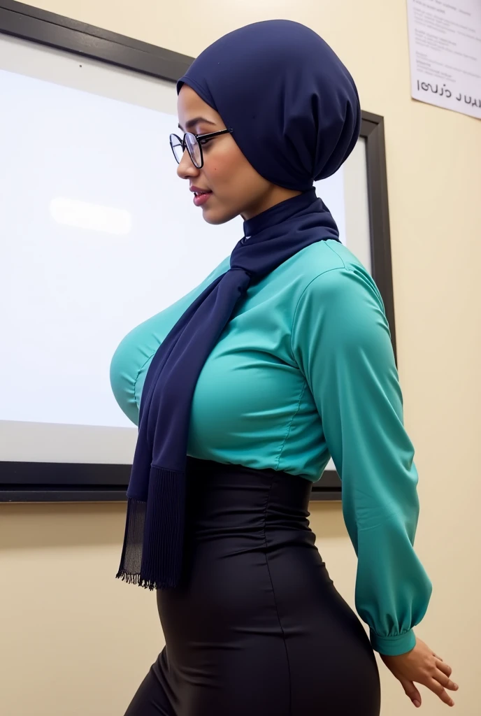 57-Years-Old,Female Teacher, Hijab Beautiful Indonesian Mature Woman, Wearing Tight Gamis, wearing bra, White Porcelain Skin, Realistic Ultra-Droopiest Gigantic Breast :21. 9,realistic wrinkels body,realistic wrinkels on breast, Breast About to Burst out, PP cup Breast, Seducting Look, Lustful smiling, standing in front Classroom.