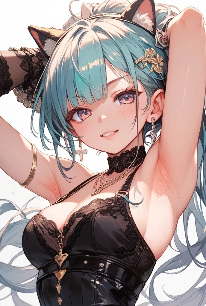 Masterpiece, beautiful art, professional artist, 8k, art style by sciamano240, very detailed face, very detailed hair, 1girl, perfectly drawn body, beautiful face, long hair, light blue hair , very detailed blue vertical cat eyes, pouty lips , rosey cheeks, intricate details in eyes, close up on face, looking straight at viewer, wearing see through bra, panties , in love with viewer expression , black choker,  cheerful smile, milf, light make up , wedding ring , lipstick, wink, hands behind head, 