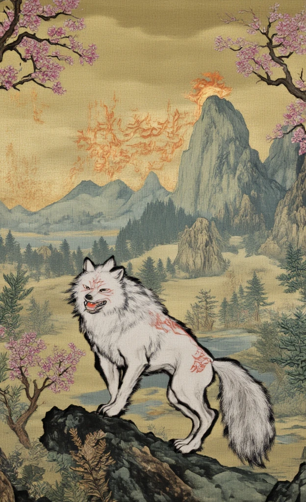 ((best quality)), ((masterpiece)), (detailed), A scene from the videogame Okami, painted by hand, white wolf, beautiful nature, special effects, fierce stance, fire, epic scale, zoom out, cherry blossoms,