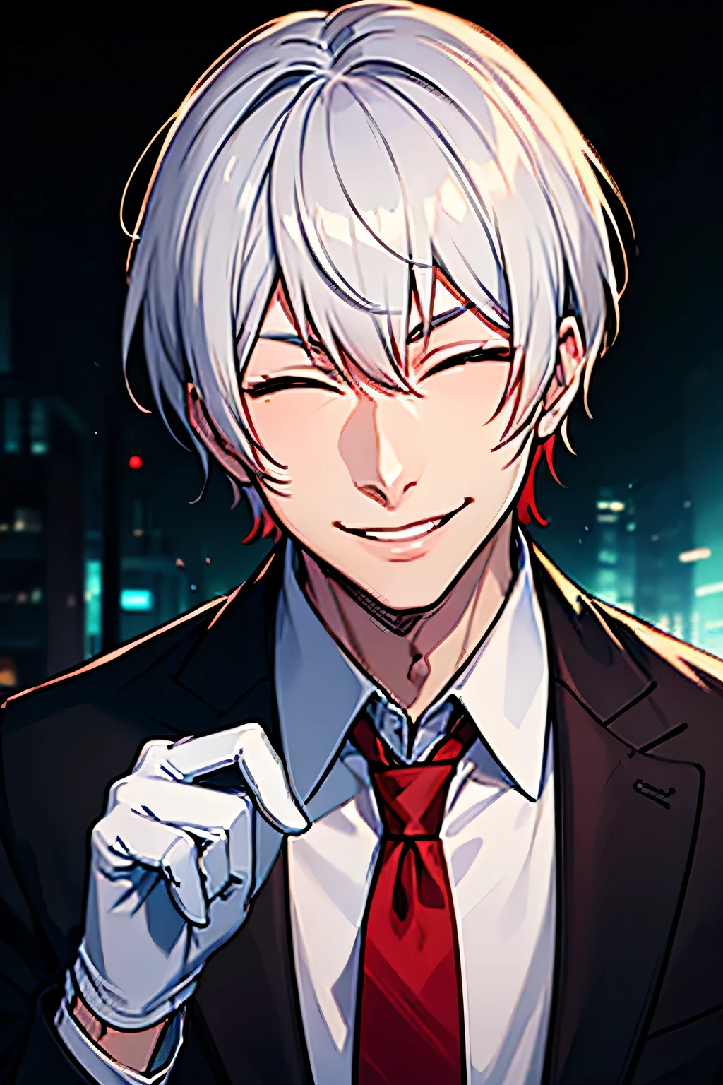 32 year old man, Indonesian, a government assassin, wearing a black blazer, wearing a red tie, white hair with a hint of red, eyes closed, authoritative, smiling face, wearing white gloves, has a leadership aura, facing forward, half body, hd