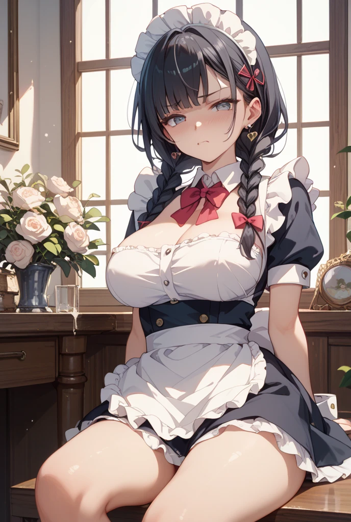 score_9, score_8_up, score_7_up, score_6_up, source_anime, highest quality, masterpiece, ((1boy and 1girl)), (boy, medium hair), (girl, futanari, medium breast), thick long black hair, small perky breasts, pretty face, , amber eyes, looking up, blushing, exhausted, sweaty skin, sexy pose, light freckles, sexy maid outfit with skirt, on floor against wall, (boy squatting spread legs anal riding dildo while giving deepthroat),  sexy pose, cozy background, sunrise in window, god rays, volumetric lighting, lilandavastyle, OverallDetail, full body shot from above