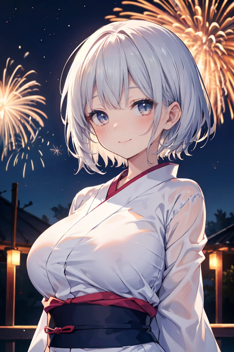 Perfect hands holding a microphone、Fireworks in the night sky