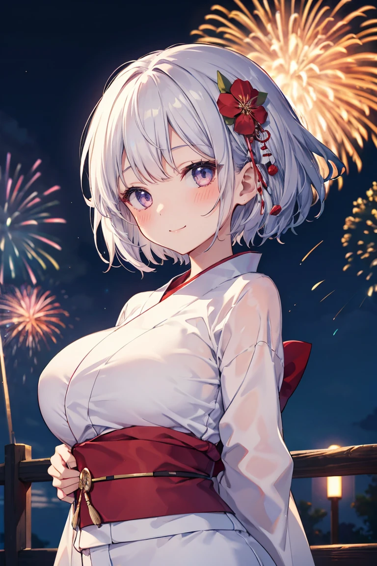 Ultra-high resolution,masterpiece, Attention to detail, Highest quality, 4K,(Silver braided short bob),(Blessed,Captivating body、Ultra-detailed skin、Beautiful Eyes、Detailed Background),One girl、(yukata),firework,大量のfirework,Night view,