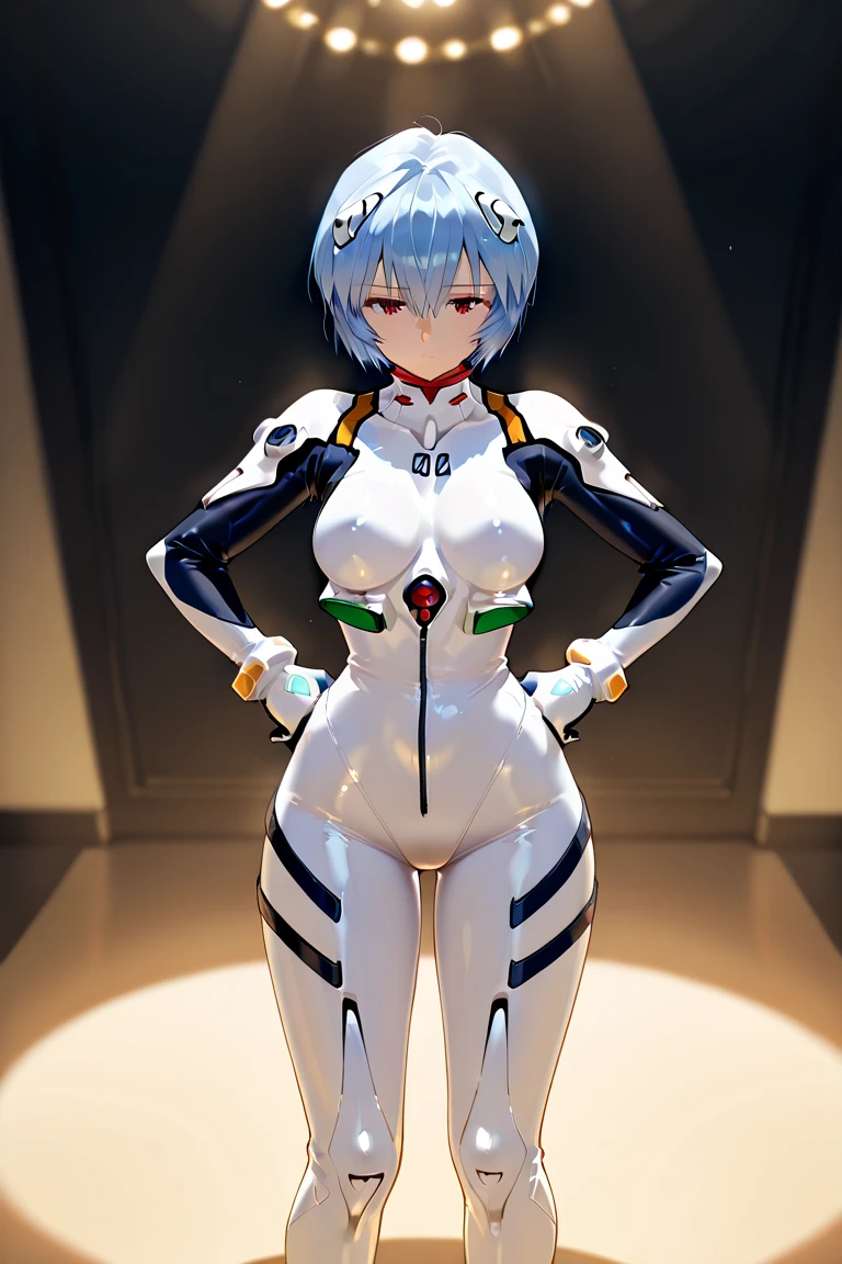(masterpiece, Highest quality, Very detailed, 8k, wallpaper, Realistic), ((Perfect hands)), ((Perfect Anatomy)), Medium cleavage, Long, round legs, Round ass, ((Attractive anime girl)), ((Rei Ayanami)), ((Capture her mysterious beauty with her white skin, Short indigo hair with striking details)), ((Bright crimson eyes with a mysterious depth)), ((White plug suit:1.5)) Smooth and fits the body, , ((Medium Shot, From below)), ((Dynamic Background)), ((Spread your legs:1.3)),(Cameltoe)、Show your armpits