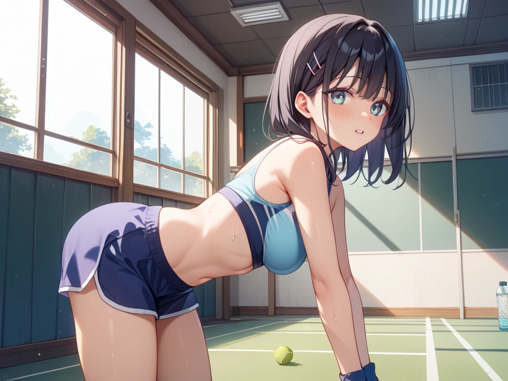 joven japonesa, , mejorar, alumno, Small lace bra, minifalda azul,  Cuerpo, Delgado, pechos grandes, Piernas gruesas, Delgado waist, gimnasio de la escuela, sweaty Cuerpo, cinematic lighting, semi desnuda, Erotic poses, showing more, tiny thonge, side thong