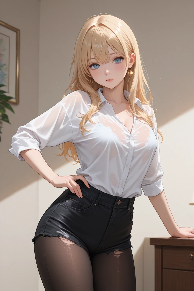 top-quality、Full limbs、complete fingers、One beautiful woman、Beautiful Large Breasts、((straight haired、blondehair))、((White collared shirt、Ha is just、Black panties))、A big smile、Living room at home、is standing