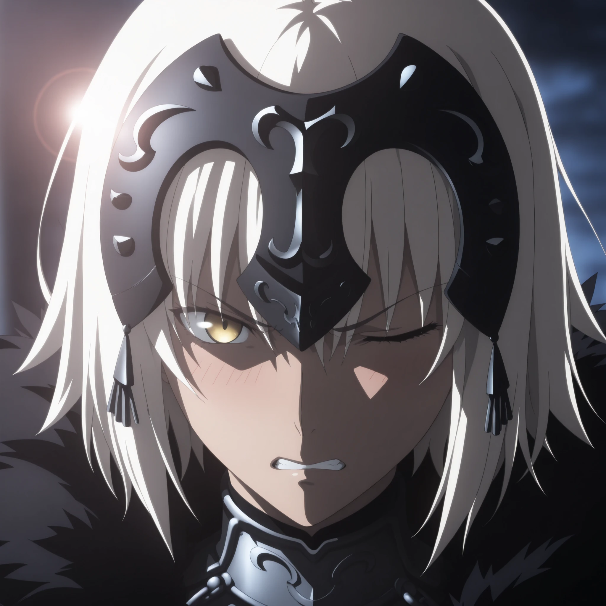 masterpiece, best quality, amazing quality, highres, absurdres, very aesthetic, high resolution, ultra detailed, perfect details, midnight, , outdoors, ufotable style, (lens flare, , ), backlight, portrait, , blue hour,
1girl, ufotable style, anime style, (anime coloring:1.5), (anime screencap:1.2) ,(aged up:1.4), ((wince, frown, furrowed brow, orgasm, teras,)),
girl, mature, slim body, slender body, ,Fate Grand Order, fate, jeanne_d'arc_alter_(fate), jeanne d'arc alter, jalter, white hair, yellow eyes, ahoge, short hair, close-up, breast focus,face focus,
headpiece, armor, armored dress, black thighhighs, cape, dress, fur trim, fur-trimmed cape, scowl, sheath, short dress, thighhighs, clothes, looking at viewer, (embarrassed), , arms behind back, ,