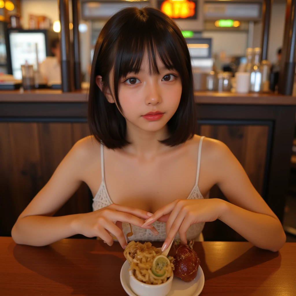 2girl, short ponytails,beautiful girl,,(small brest:1.2),(skinny:1.2),,highschool student,akb48,nogizaka46,pink nipple,small breasts,skinny,2girl,((multiple girls)), from below, black hair, light smile, bangs, , pov, , sitting, black eyes, masterpiece, best quality, ultra quality, high quality, realistic, photo realistic, RAW photo, hyper detailed, intricate detailed, Urban Cafe、cafes、Sitting in a chair,Cake and coffee on the table,upperbody,(bottomless:1.7),(blue pink panties:1.0),,(fullnude:1.5),