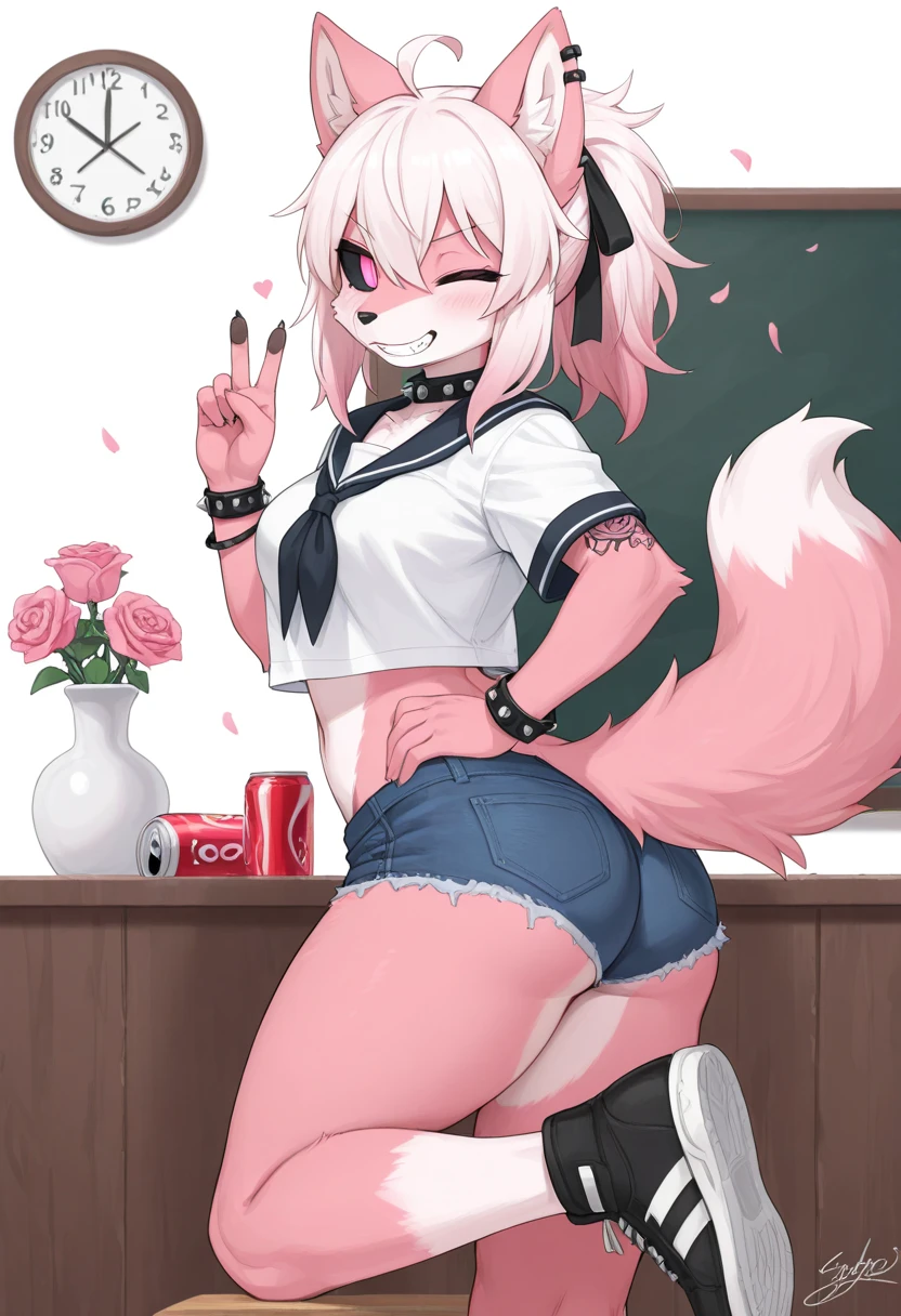 best quality,best resolution,solo,(fluffy anthro furry :1.6),(young :1.8),cat girl,flat chest,(pink hair :1.6),messy hair,long hair,green eyes,glistering eyes,sparkle eyes,(white fur :1.6),black bra,(red skirt),glasses,beautiful classroom,light and shadow,evening,full face blush,sweating,heavy breath,heart expression,heart eyes glow,seductive face,smile,armpit,sexy pose