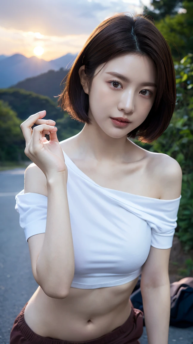 ((top quality, 8k, masterpiece: 1.3, raw photo)), Sharp Focus: 1.2, (1 aespa girl: 1.2), (Realistic, Photorealistic: 1.37), (face focus: 1.1), cute face, small breasts, flat chest, short hair, (white business shirt: 1.2), sitting, from below, sunlight, movie lighting, A beautiful girl wearing a white chiffon dress and staring at the countryside at dusk