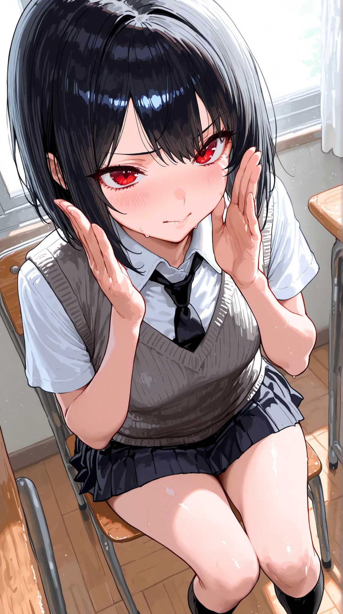 nsfw, (POV oral sex with cum:1.3), (deep throat:1.3), (intense perfect fellatio:1.2), :>=, (1boy, full by:1.2), a pure innocent girl, very cute face, like a idol, blush, (school uniform:1.1), look up at viewer with lovingly gaze, arms behind the back, in front of 1penis with between viewer's legs, (mouth on the viewer's crotch completely:1.3), (perfect keeling under the desk completely, body is perfect into the desk, face come out from under the desk:1.3), (face focus:1.2), (viewer is sitting, bare viewer:1.2), (under the desk with depth:1.3), in own room, viewer's legs in the picture, from above,