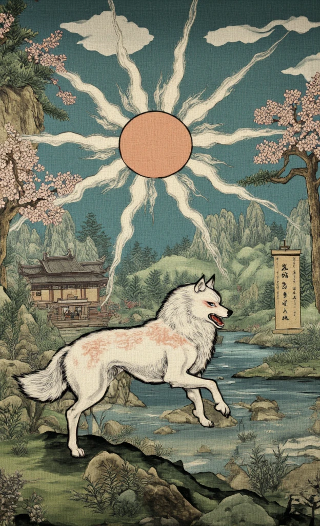 ((best quality)), ((masterpiece)), (detailed), A scene from the videogame Okami, painted by hand, white wolf, beautiful nature, special effects, fierce stance, fire, epic scale, zoom out, cherry blossoms, the whole scroll can be seen hanging on the wall of a shrine