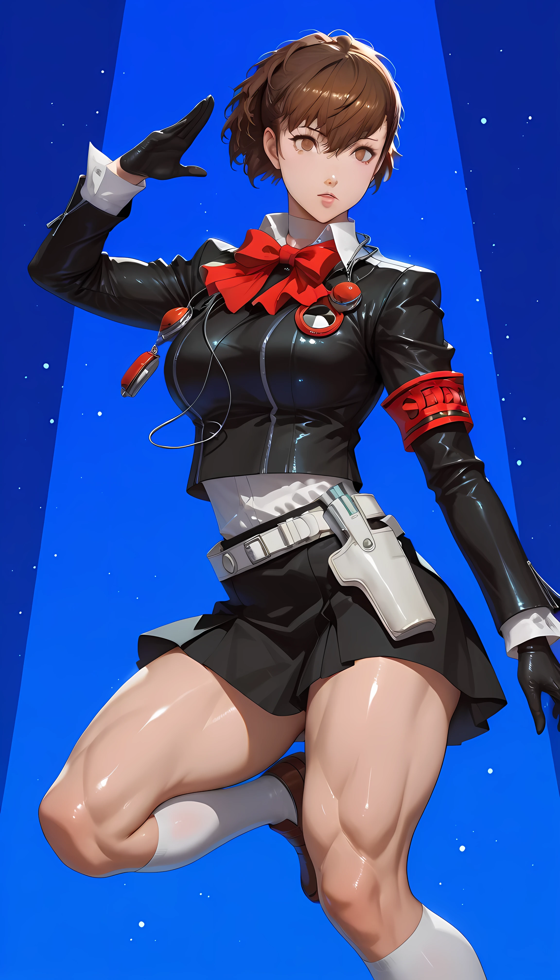 masterpiece, best quality, amazing quality, hyper-detailed, newest, very aesthetic, 1girl, Kotone Shiomi from Persona 3, brown hair, photo posing, dynamic pose, action pose, muscle, shiny muscles, large breasts, large thighs, diffused light, absurdres, highres, hd particles, blue background, p3kotone-sees, gekkoukan high school uniform, armband, skirt, jacket, black jacket, long sleeves, socks, gloves, black gloves, kneehighs, black skirt, red bow, white socks, brown footwear, , holster, white holster, belt, white belt, shiny eyes