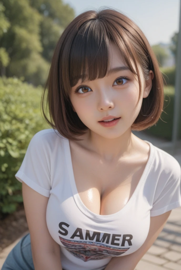 masutepiece, Best Quality, One girl, (Beautiful Girl:1.3), (16 years old:1.2), Very fine eye definition, (Symmetrical eyes:1.3), NSFW, (Cute sleeveless:1.3), Beautiful breasts, Brown eyes, Parted bangs, Brown hair, Upper teeth、Background outdoor
