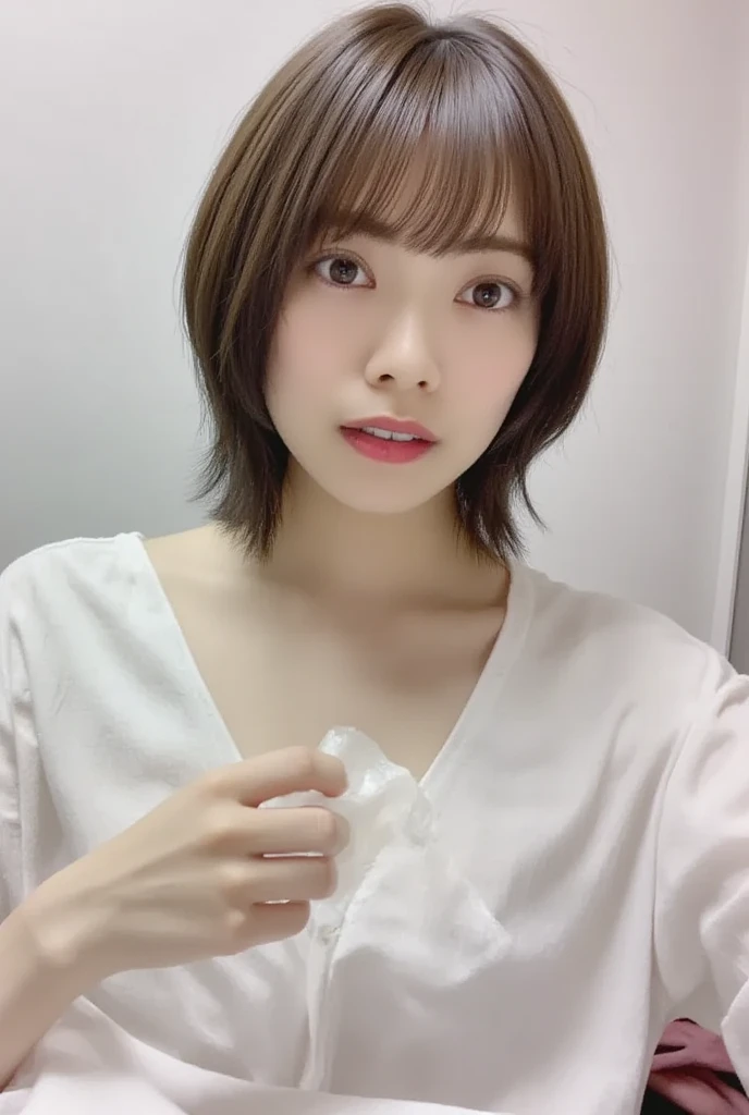 Browsing Caution、Highest quality、8k、masterpiece、Ultra-high resolution、クリアなphotograph、リアルなphotograph、Realistic、Professional Lighting、Natural light、photograph、Very cute girl、Short Bob Hair、Brown Hair、Licking soft serve ice cream:1.8、Apply cream to face:1.6、Apply white cream to cheeks:1.6、Face close-up