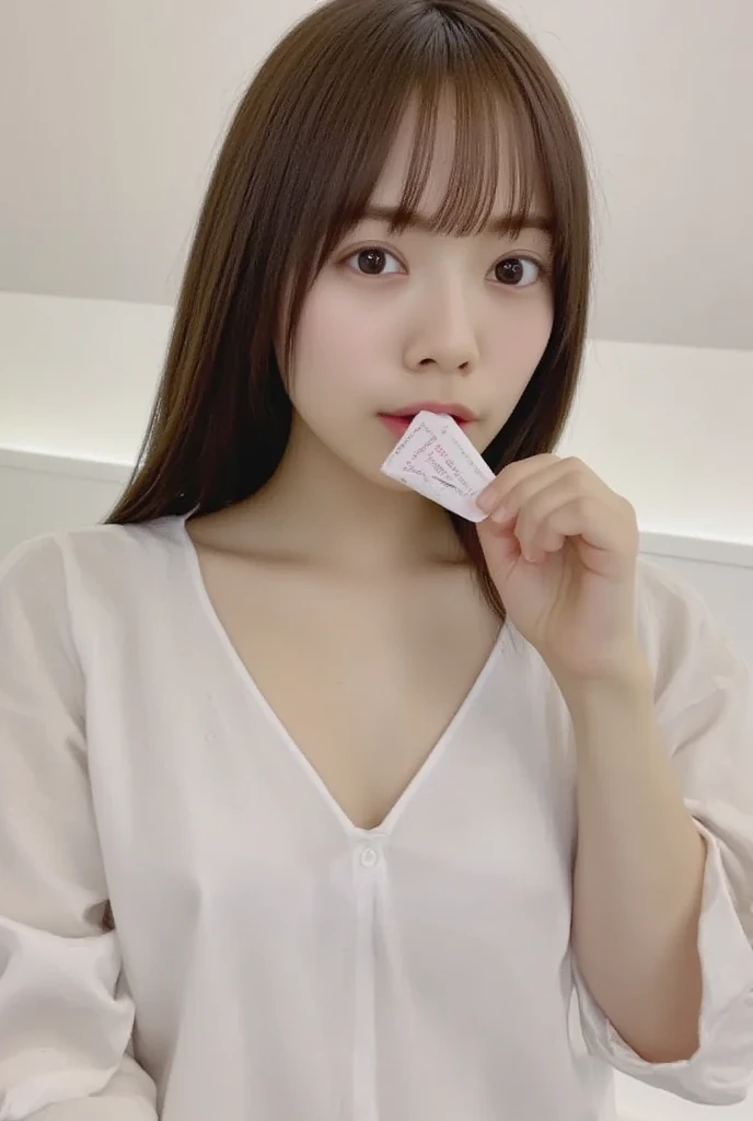 Shortcuts、((Please wear a black long sleeve top))、((Selfie style in my room)),((student))、((Very young))、((very cute))、((So adorable))、((More naturally))),Highest quality, masterpiece, Ultra-high resolution, (Realistic:1.4), photograph, Very detailed, Perfect Anatomy, 1 girl, 18-year-old, Famous idols of Japan, Front view, Crotch close-up,, ((Accentuate your breasts))