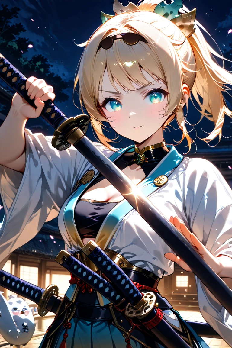 master piece, highest quality, High resolution, 1 girl, alone, hayasaka ai, blue scrunchie, side ponytail, hair between eyes, blue eyes, blonde hair, hair ornaments, chest,kimono,samurai cross,has a sword, necklace, clavicle, black dress, jewelry, sweater, cowboy shot, Are standing,