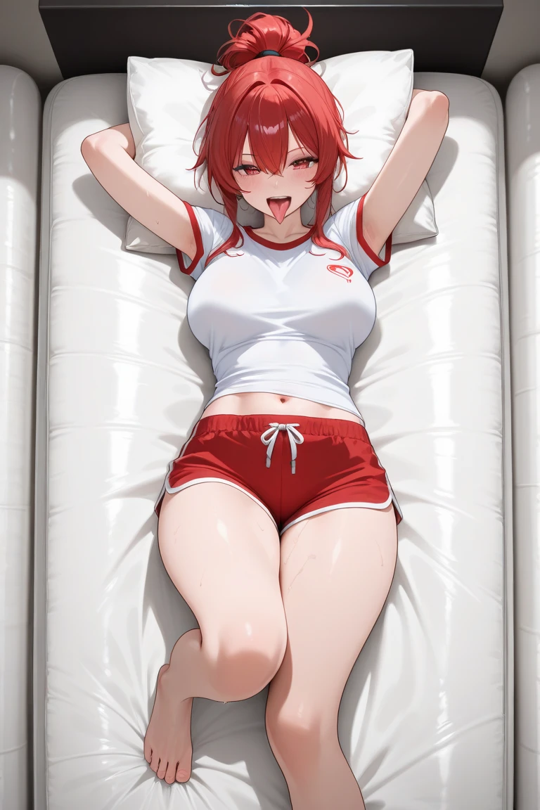 Sweating profusely and holding her thighs with both hands and opening her legs, legs like a camel, white liquid on her body, a with yogurt on her body, a red-haired girl with bob hair wearing a navy blue school swimsuit (dress) with her name that opened her legs and digged into her crotch, Moriman, crab crotch, sheer areola, legs open at M o'clock, taken from below, butt meat, panties that bite in, buttocks visible, , red eyes, glare, contempt, beautiful woman, toilet, real, masterpiece, high quality, squeak