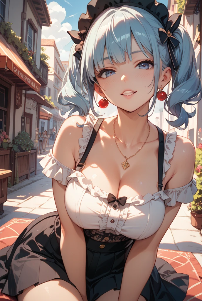 (Highest quality:1.24, Very detailed, Delicate and beautiful CG art, Detailed illustrations, Attention to detail, masterpiece:1.2, Highest quality, Best aesthetics), (((1 girl))), JK, ((Body net:1.2, Frills, Sexy maid)), Open your mouth:1.2, (Light blue hair, High side ponytail, Bust Shot:1.1, Front view, Random Pause, Friendly atmosphere, Shiny Hair, Beautiful Skin, Detailed face and eyes, Glossy Lips, Curvy Women, Slender body, Beautiful breasts:1.4, Cafe, Leaning against a wall, Light and shadow with attention to detail, Background Blur.