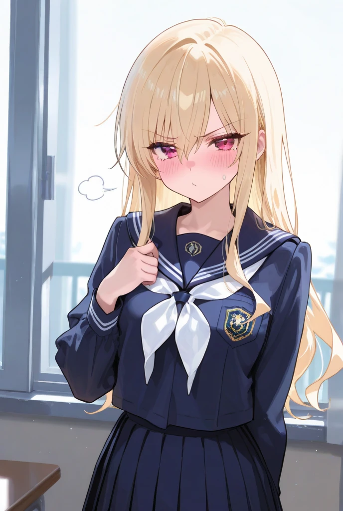 An S-type girl in a sailor suit who is pretending to be an older sister on the bed with her mouth open and her tongue sticking out.