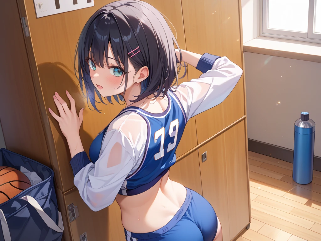 Browsing Caution,(((Perfect Anatomy, Anatomically correct, Very detailedな肌))), 1 girl, Japanese, high School girl, Shiny skin, Observe the audience, ((Back view, From below)), Beautiful Hair, Beautiful Face, Beautiful details, (short hair:1.1, Bobcut:1.2), Dark blonde hair:1, blue eyes, Baby Face, Mole under the eye, Beautiful clavicle, Beautiful body, Beautiful breasts, Big Breasts:0.5, Beautiful thighs, Beautiful legs, Camel Toe, (((Blue Sleeveless Cheerleader:1.2))), ((Thigh-high boots)), Removable sleeve, Captivating thighs, ((Embarrassing, Scared, sad, tears, cry, Half-open mouth)), Are standing, (((Leaning forward), Take off, Raise one leg, Pull on white panties、Pulling down her panties)), (Beautiful views), summer, School, locker room, 8k, highest quality, Masterpiece:1.2, Very detailed), (Realistic), Beautiful illustrations, Natural light, whole body,
